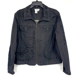 Coldwater Creek Jacket Gray Denim Embroidered Floral Zip Front